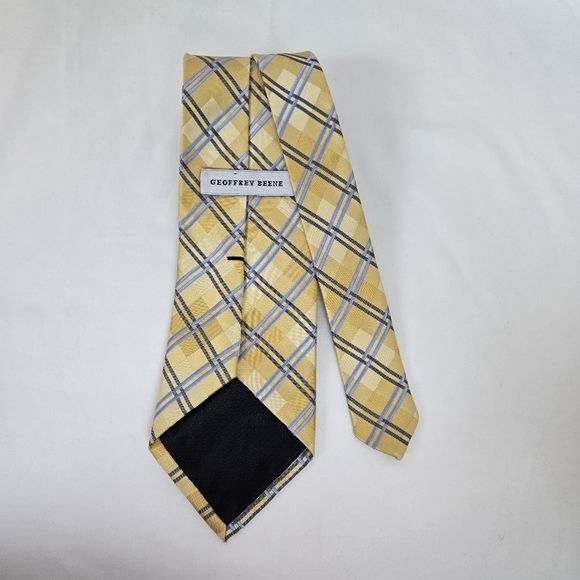Geoffrey Beene Men's Preppy Yellow Gold Blue Plaid Checkered Silk Career Tie Y2K - Picture 3 of 6